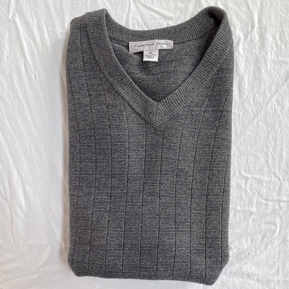 Cypress Links Men's XL Gray Acrylic Ribbed Knit‎ V-Neck Sleeveless Sweater Vest